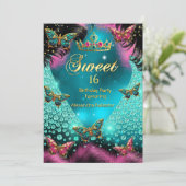 Sweet 16th birthday Party Teal Pink Butterflies 招待状 (スタンド正面)