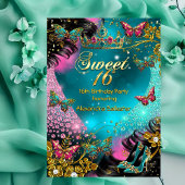 Sweet 16th birthday Teal Pink Gold Butterfly 招待状