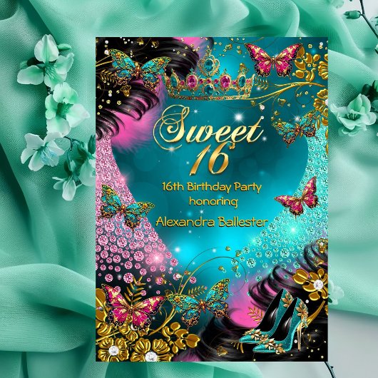 Sweet 16th birthday Teal Pink Gold Butterfly 招待状