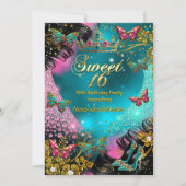 Sweet 16th birthday Teal Pink Gold Butterfly 招待状 (正面)