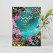 Sweet 16th birthday Teal Pink Gold Butterfly 招待状 (スタンド正面)