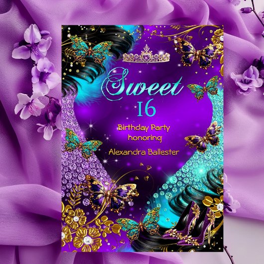 Sweet 16th birthday Teal Purple Gold Butterfly 招待状