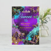 Sweet 16th birthday Teal Purple Gold Butterfly 招待状 (スタンド正面)