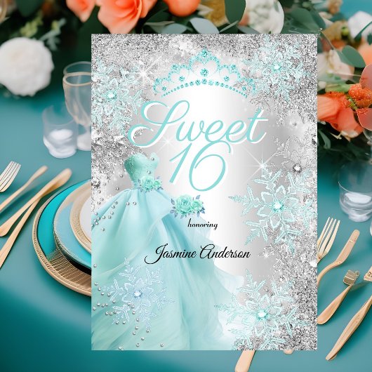 Sweet 16th Birthday teal Silver Winter wonderland 招待状