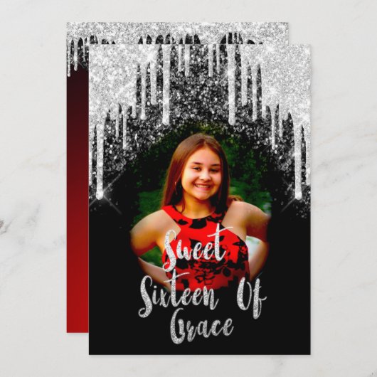 Sweet 16th Elisabeth赤い灰色の銀のドリップス写真 招待状 (正面/裏面)