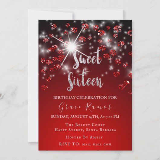 Sweet 16th Elisabeth赤い灰色の銀のドリップス写真 招待状 (裏面)
