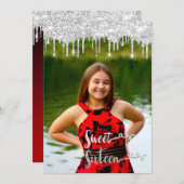 Sweet 16th Elisabeth赤い灰色の銀のドリップス写真 招待状 (正面/裏面)