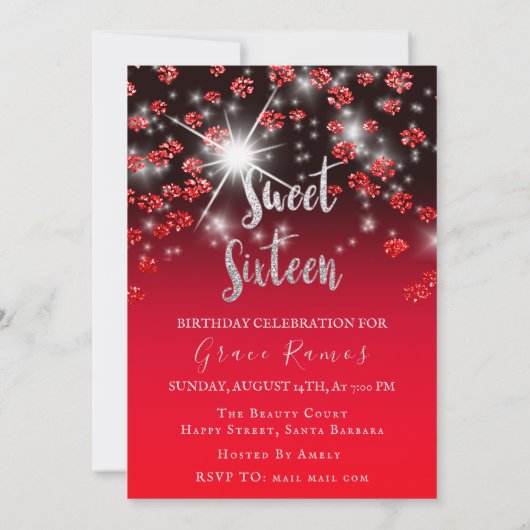 Sweet 16th Elisabeth赤い灰色の銀のドリップス写真 招待状 (裏面)