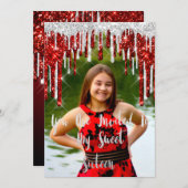 Sweet 16th Elisabeth赤い灰色の銀のドリップス写真 招待状 (正面/裏面)