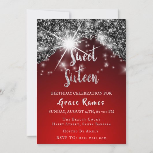 Sweet 16th Elisabeth赤い灰色の銀のドリップス写真 招待状 (裏面)