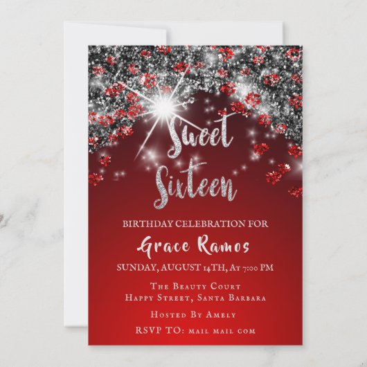 Sweet 16th Elisabeth赤い灰色の銀のドリップス写真 招待状 (裏面)