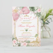 Sweet 16th Pink Bow Sage Green Floral Birthday 招待状 (スタンド正面)