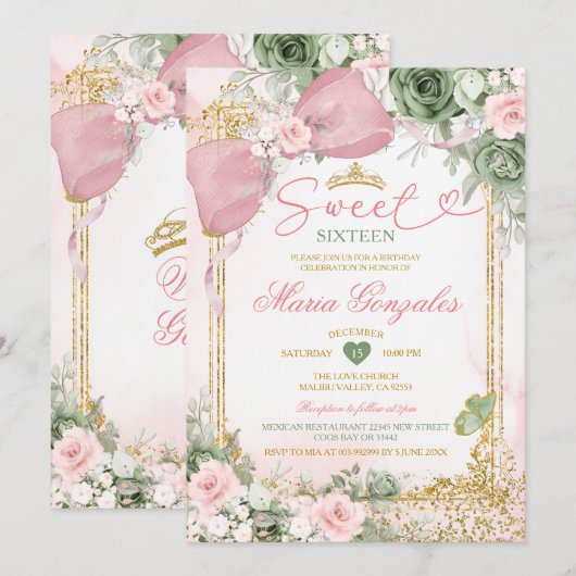 Sweet 16th Pink Bow Sage Green Floral Birthday 招待状 (正面/裏面)