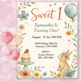 Sweet 1 水彩うさぎ 誕生日パーティー 招待状