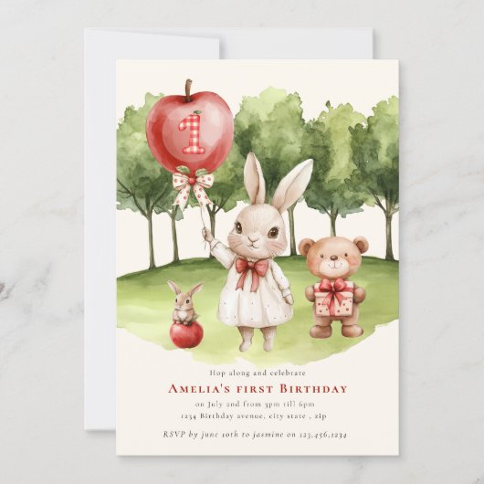 Sweet  1st Bunny Apple  Birthday Invitation 招待状 (正面)