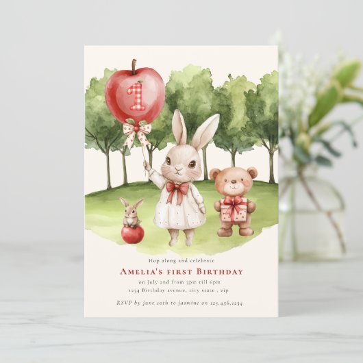 Sweet 1st Bunny Apple Birthday Invitation 招待状 (スタンド正面)