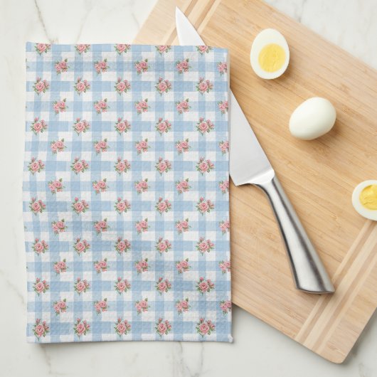 Sweet 50s Retro Rosebud Blue Gingham Check キッチンタオル (四つ折り)