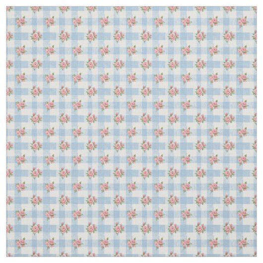 Sweet 50s Retro Rosebud Blue Gingham Check ファブリック (見本)