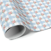 Sweet 50s Retro Rosebud Blue Gingham Check ラッピングペーパー (ロールコーナー)