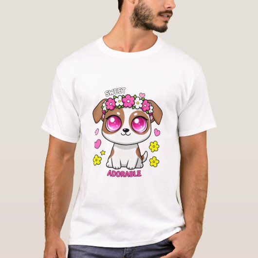 Sweet Adorable Puppy Dog with Flower Crown  Tシャツ (正面)