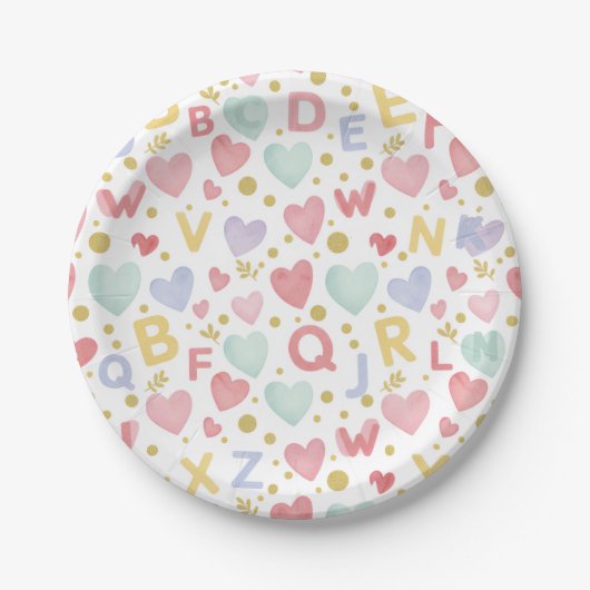 Sweet Alphabet & Hearts Watercolor ペーパープレート (正面)