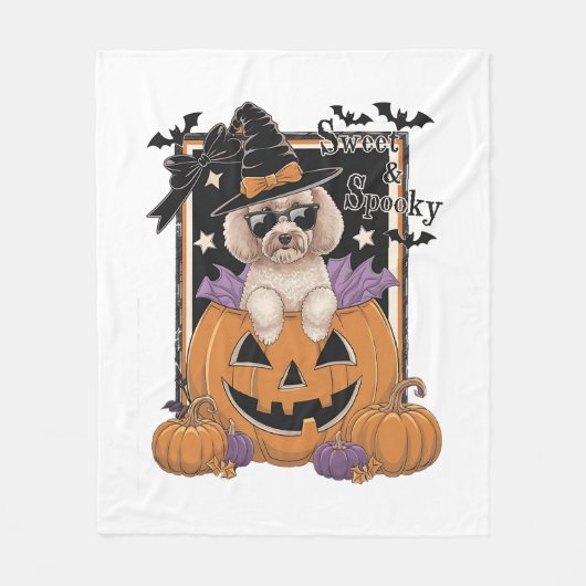Sweet and Spooky Poodle and Pumpkin フリースブランケット (正面)