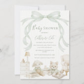 Sweet Animals Sage Green Ribbon Vintage Baby 招待状 (正面)