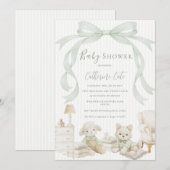 Sweet Animals Sage Green Ribbon Vintage Baby 招待状 (正面/裏面)