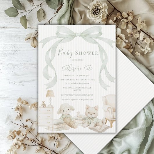 Sweet Animals Sage Green Ribbon Vintage Baby 招待状