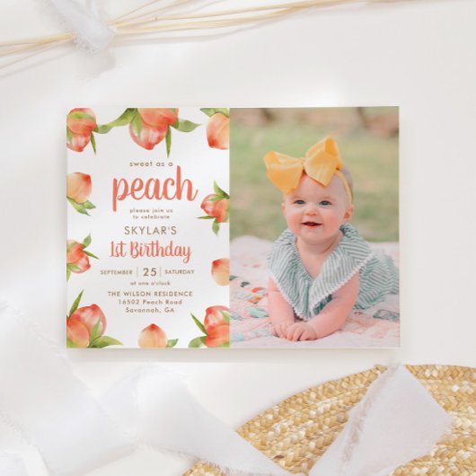 Sweet As A Peach 1st Birthday Photo 招待状
