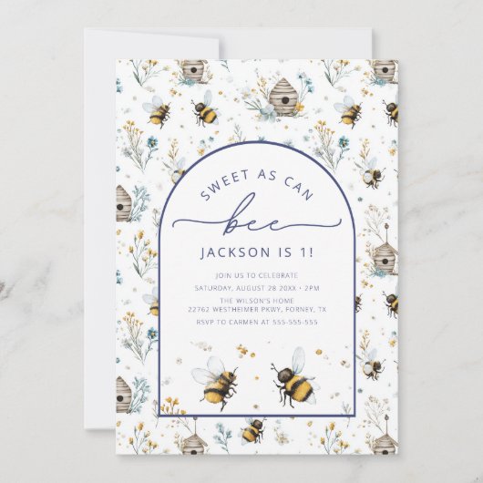 Sweet as Can Bee 1st Birthday 招待状 (正面)