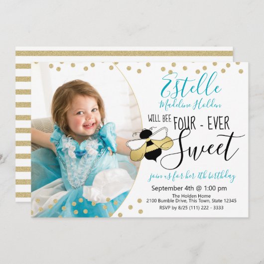 Sweet as can Bee 4th Birthday Party Photo 招待状 (正面/裏面)