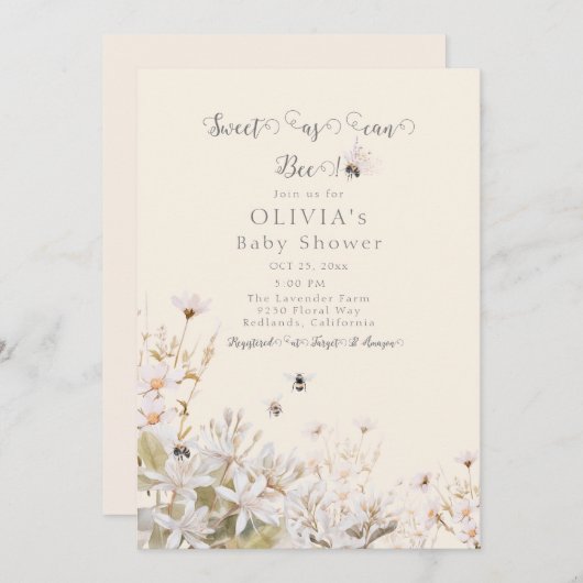 Sweet as can Bee Baby Shower 招待状 (正面/裏面)