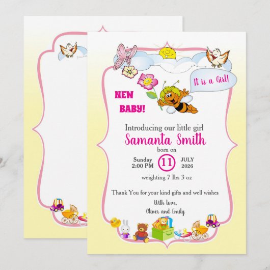 Sweet as Can Bee Floral Baby Girl Shower Invite 招待状 (正面/裏面)