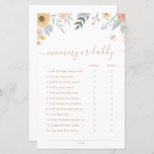 Sweet as Can Bee MommyまたはDaddy Baby Shower Game (正面/裏面)