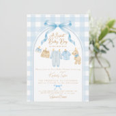Sweet Baby Boy Blue Clothesline Baby Shower 招待状 (スタンド正面)