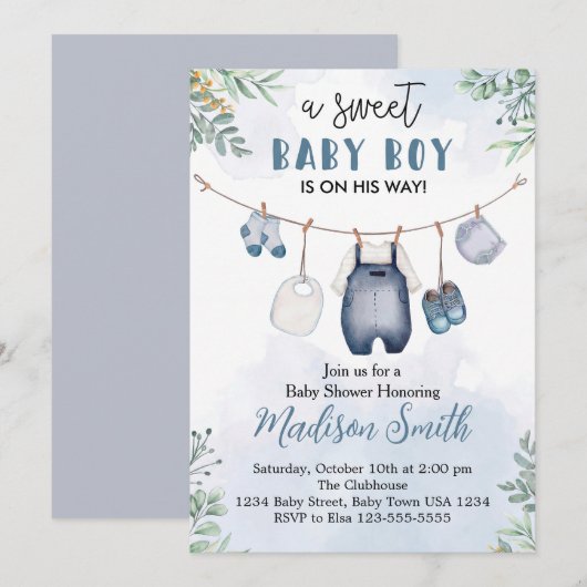 Sweet Baby Boy Shower Invitation Blue Denim Set 招待状 (正面/裏面)