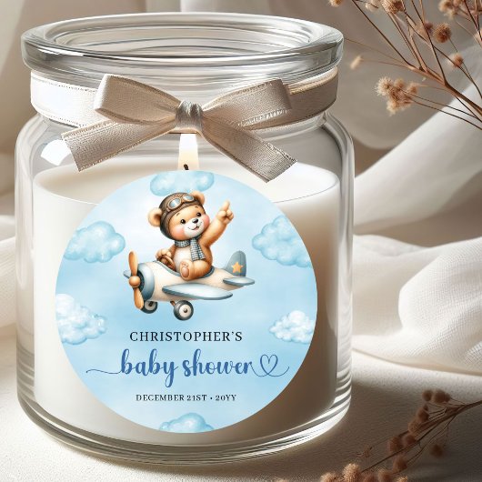 Sweet Baby Boy Teddy Aviator Blue Brown Sticker ラウンドシール