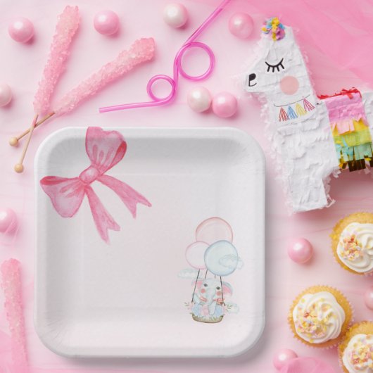 Sweet Baby Elephant Balloon – Pastel Baby Shower ペーパープレート (パーティー)