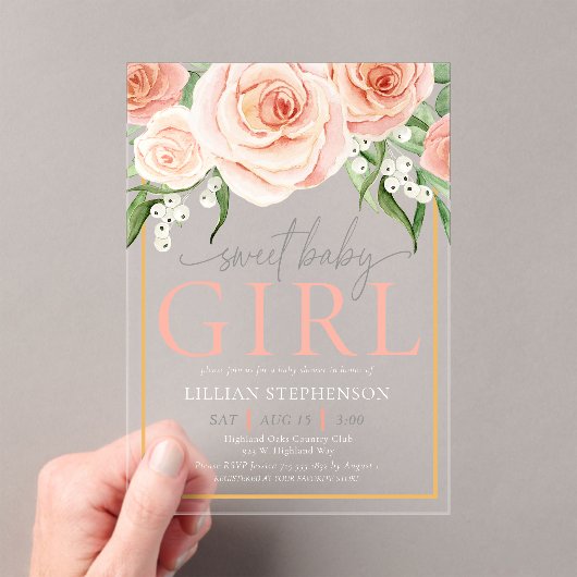 Sweet Baby Girl Elegant Blush Pink Rose Floral  アクリル招待状 (インサイチュ (ポータブル))
