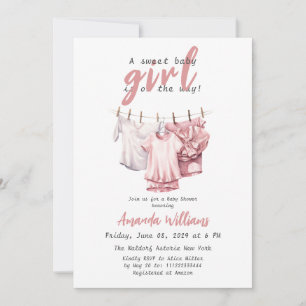 Sweet Baby Girl on the Way - Boho Pink Clothesline 招待状
