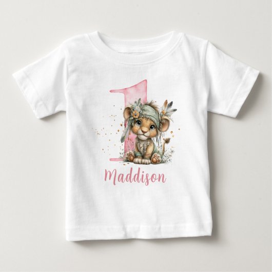 Sweet Baby Lion Girl First Birthday ベビーTシャツ (正面)