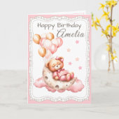 Sweet Bear on the Moon Birthday Card for Girl カード (黄色い花)