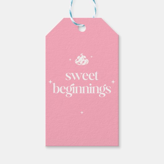 Sweet Beginnings | ピンクとホワイトの女の子のベビーシャワー ギフトタグ (正面)