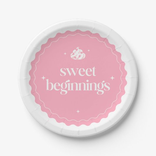 Sweet Beginnings | ピンクとホワイトの女の子ベビーシャワー ペーパープレート (正面)