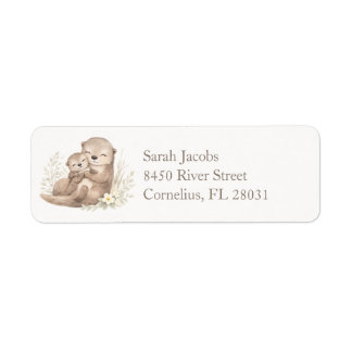 Sweet Beige Watercolor Otter Family Botanical ラベル