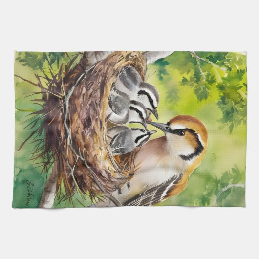 Sweet bird nest painting キッチンタオル (横)