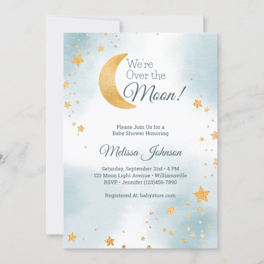 Sweet Blue私たちは月の男の子の赤ちゃんのシャワーを越えている 招待状 (正面)