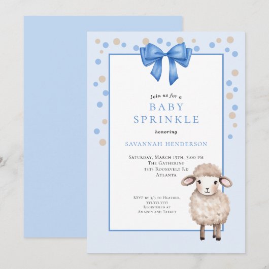 Sweet Blue Baby Sprinkle with Bow & Cute Lamb 招待状 (正面/裏面)