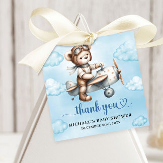Sweet Blue Brown Teddy Bear Pilot Boy Shower フェイバータグ